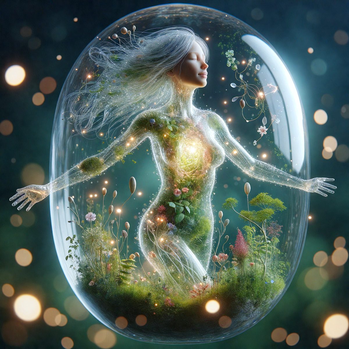 The primary subject of the image is a woman, who is depicted as a plant-like creature with a green body and a glowing heart. She is surrounded by a variety of plants, including flowers and mushrooms, which are scattered throughout the scene. The setting appears to be a forest or a similar natural environment. The visual style of the image is digital art, as it is a highly detailed and intricate illustration. The colors and mood of the image are predominantly green and serene, with the glowing heart adding a touch of warmth and life to the scene.
